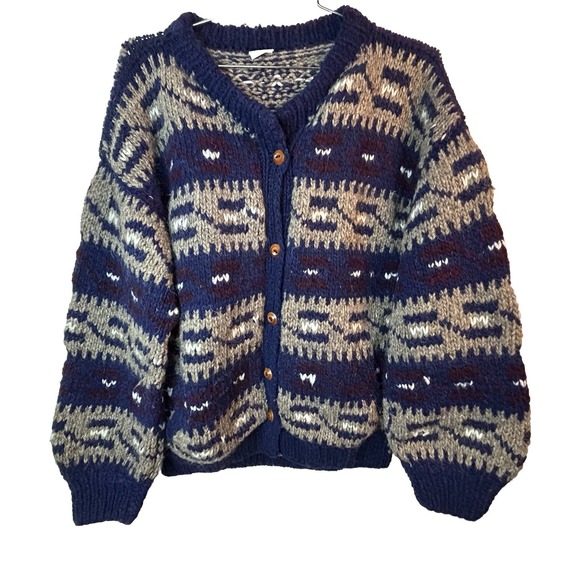 Wool Cowichan Sweater Equador Wooden Buttons Blue Stripes Large - Picture 1 of 11